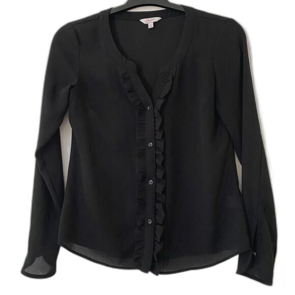 Candies Black Blouse Womens Ruffle Long‎ sleeve Button Front Size XS - Picture 1 of 9